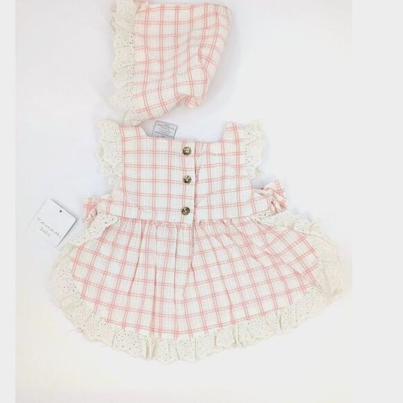Tahati Baby Dress and Hat Girl 3-6 Months Pink Plaid Eyelet Ruffle Cottage Retro - Picture 3 of 11